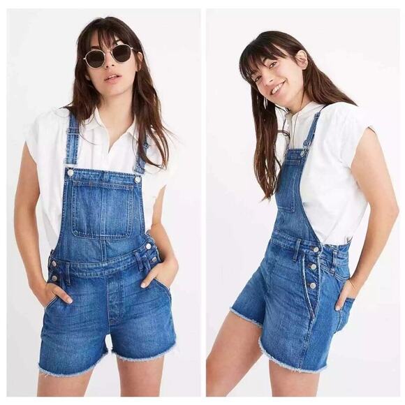 Madewell Adirondack High Rise Raw Hem Short Overalls Denville Medium Wash Size S - Picture 1 of 5